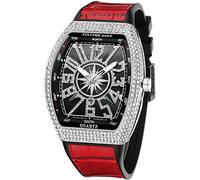 Gosasa Men's Fashion Cool Unique Tonneau Watch Iced Out Bling Crystal Rhinestone Quartz Wristwatches with Rubber Strap, Red Silver,