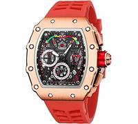 Gosasa Mens Unique Punk Bling Iced Out Dress Watches Tonneau Rectangle Watches for Men Waterproof Analog Chronograph Sports Work Mens Wrist Watch Luminous Silicone Band, RoseGold Red