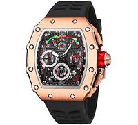 Gosasa Mens Unique Punk Bling Iced Out Dress Watches Tonneau Rectangle Watches for Men Waterproof Analog Chronograph Sports Work Mens Wrist Watch Luminous Silicone Band, RoseGold Black, Chronograph