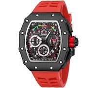 Gosasa Mens Unique Punk Bling Iced Out Dress Watches Tonneau Rectangle Watches for Men Waterproof Analog Chronograph Sports Work Mens Wrist Watch Luminous Silicone Band, Black Red, Chronograph