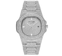 Gosasa Men's/Womens Unisex Crystal Watch Full Bling Iced-Out Cuban Watch Oblong Silver/Gold Wristwatch Hip-Hop Stainless Steel Bracelet Watch, Silver, neutral hip hop