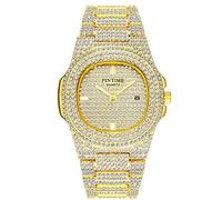 Gosasa Men's/Womens Unisex Crystal Watch Full Bling Iced-Out Cuban Watch Oblong Silver/Gold Wristwatch Hip-Hop Stainless Steel Bracelet Watch, Gold, neutral hip hop