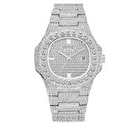 Gosasa Men's/Womens Unisex Crystal Watch Full Bling Iced-Out Cuban Watch Oblong Silver/Gold Wristwatch Hip-Hop Stainless Steel Bracelet Watch, D Silver, neutral hip hop