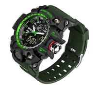 Gosasa Military Style Digital Analog Watch, Large Face 2.2", 50m Water Resistant, Dual Time Zone, Alarm, LED Backlight, Stopwatch, PU Strap, Black Green, Modern