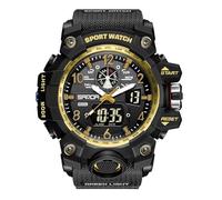 Gosasa Military Style Digital Analog Watch, Large Face 2.2", 50m Water Resistant, Dual Time Zone, Alarm, LED Backlight, Stopwatch, PU Strap, Black Gold, Modern
