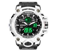 Gosasa Military Style Digital Analog Watch, Large Face 2.2", 50m Water Resistant, Dual Time Zone, Alarm, LED Backlight, Stopwatch, PU Strap, A White Black, Modern