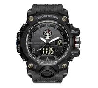 Gosasa Military Style Digital Analog Watch, Large Face 2.2", 50m Water Resistant, Dual Time Zone, Alarm, LED Backlight, Stopwatch, PU Strap, Black Black, Modern