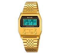 Gosasa Retro Rectangle Digital Watch for Men Classic Stylish Design Multifunction Gold Stainless Steel Business Men Wristwatch with Alarm, Stopwatch, Countdown, Gold, Vintage