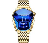 Gosasa Simple Fashion Cool Men's Casual Waterproof Stainless Steel Quartz Wristwatch Geometric Shape Case Creative Men's Digital Watch, Blue Gold Strap, Fashion, Business, Personality, Unique
