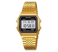 Gosasa Unisex Square Face Digital Watch Retro Y2K Stainless Steel & Stretching Band 30M Waterproof Wristwatch with LED Backlight, Dual Time, Alarm, Multiple Color Options, Gold Steel, Retro