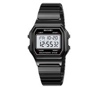 Gosasa Unisex Square Face Digital Watch Retro Y2K Stainless Steel & Stretching Band 30M Waterproof Wristwatch with LED Backlight, Dual Time, Alarm, Multiple Color Options, Black White Stretch, Retro