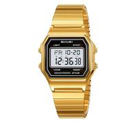 Gosasa Unisex Square Face Digital Watch Retro Y2K Stainless Steel & Stretching Band 30M Waterproof Wristwatch with LED Backlight, Dual Time, Alarm, Multiple Color Options, Gold Stretch, Retro