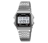 Gosasa Unisex Square Face Digital Watch Retro Y2K Stainless Steel & Stretching Band 30M Waterproof Wristwatch with LED Backlight, Dual Time, Alarm, Multiple Color Options, Silver Steel, Retro