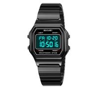 Gosasa Unisex Square Face Digital Watch Retro Y2K Stainless Steel & Stretching Band 30M Waterproof Wristwatch with LED Backlight, Dual Time, Alarm, Multiple Color Options, Black Black, Steel