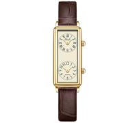 Gosasa Women’s Vintage Rectangle Watch Dual Time Zone Waterproof Ladies Quartz Analog Watch for Small Wrist with Two Dials, Roman & Arabic Numerals, Leather Strap for Travel & Business, A Coffee Gold