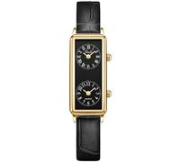 Gosasa Women’s Vintage Rectangle Watch Dual Time Zone Waterproof Ladies Quartz Analog Watch for Small Wrist with Two Dials, Roman & Arabic Numerals, Leather Strap for Travel & Business, Gold Black