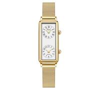 Gosasa Women’s Vintage Rectangle Watch Dual Time Zone Waterproof Ladies Quartz Analog Wristwatch with Two Dials, Roman & Arabic Numerals, Leather Strap for Travel & Business, S Gold White, Vintage