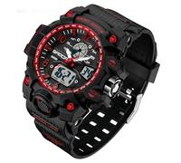 Gosasa Womens Digital Sports Watch 5ATM Waterproof Watch LED Light Large Face Analog Multifunctional Wrist Watches with Alarm Stopwatch Calendar Hourly Chime, black red