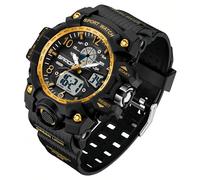 Gosasa Womens Digital Sports Watch 5ATM Waterproof Watch LED Light Large Face Analog Multifunctional Wrist Watches with Alarm Stopwatch Calendar Hourly Chime, black gold