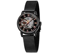 Gosasa Women's Skeleton Watch Fashion Hollow Mechanical Watch Hand-Wind Mesh Strap Luminous Roman Numeral Casual Ladies Wristwatch, Black Rose Gold, Fashion