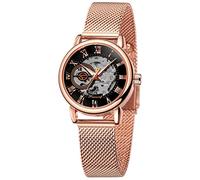 Gosasa Women's Skeleton Watch Fashion Hollow Mechanical Watch Hand-Wind Mesh Strap Luminous Roman Numeral Casual Ladies Wristwatch, Rose Gold Black, Fashion