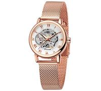Gosasa Women's Skeleton Watch Fashion Hollow Mechanical Watch Hand-Wind Mesh Strap Luminous Roman Numeral Casual Ladies Wristwatch, Rose Gold White L, Fashion