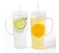 GOSCHE Glass Cups with Lids and Straws, 24oz Clear Iced Coffee Cups with Handle, Glass Tumbler with Straw and Lid for Smoothie Water Tea Juice, Clear, 2 Pack