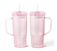 GOSCHE Glass Cups with Lids and Straws, 24oz Glass Tumbler with Straw and Lid, Iced Coffee Cups with Handle for Smoothie Juice Water Tea, Pink, 2 Pack