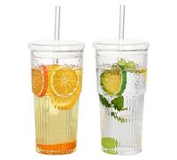 GOSCHE Glass Cups with Lids and Straws, 590ml/20 oz Iced Tea Coffee Cups, Vintage Ripple Glassware Set, Wide Mouth Glass Tumbler with Straw for Water Coffee Tea 2 PCS, Clear