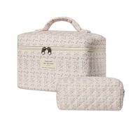 Gosect 2pc Floral Quilted Makeup Bag Set, Large Aesthetic Cosmetic Bag with Small Pouch, Cute Coquette Makeup Organizer with Handle, Travel Toiletry Bag for Women Girls, Ideal Gift for Bridesmaids