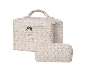 Gosect 2pc Floral Quilted Makeup Bag Set, Large Aesthetic Cosmetic Bag with Small Pouch, Cute Coquette Makeup Organizer with Handle, Travel Toiletry Bag for Women Girls, Ideal Gift for Bridesmaids