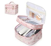 Gosect Makeup Bag, Portable Travel Make up Bag, Large Capacity Quilted Cosmetic Organizer Bag, Cute Floral Toiletry Bag for Women Girls (Pink Checkered Bow)