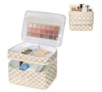 Gosect Makeup Bag, Portable Travel Make up Bag, Large Capacity Quilted Cosmetic Organizer Bag, Cute Floral Toiletry Bag for Women Girls, 01Brown, L(9.25*6.29*6.29in), Cute