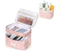 Gosect Makeup Bag, Quilted Cosmetic Bag Set, Drawstring Makeup Bag with Canvas Lining, Large Floral Toiletry Bag for Women Girls, Cute Cotton Flower Travel Organizer Bag (Pink Flower