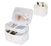 Gosect Makeup Bag, Quilted Cosmetic Bag Set, Drawstring Makeup Bag with Canvas Lining, Large Floral Toiletry Bag for Women Girls, Cute Cotton Flower Travel Organizer Bag (White Cherry