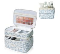 Gosect Makeup Bag, Quilted Cosmetic Bag Set, Drawstring Makeup Bag with Canvas Lining, Large Floral Toiletry Bag for Women Girls, Cute Cotton Flower Travel Organizer Bag (Blue Flowers