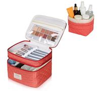 Gosect Makeup Bag, Quilted Cosmetic Bag Set, Drawstring Makeup Bag with Canvas Lining, Large Floral Toiletry Bag for Women Girls, Cute Cotton Flower Travel Organizer Bag(Red Flower