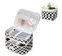 Gosect Makeup Bag, Quilted Cosmetic Bag Set, Drawstring Makeup Bag with Canvas Lining, Large Floral Toiletry Bag for Women Girls, Cute Cotton Flower Travel Organizer Bag (Checkered Pattern