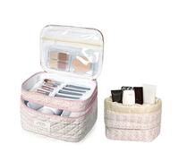 Gosect Makeup Bag, Quilted Cosmetic Bag Set, Drawstring Makeup Bag with Canvas Lining, Large Floral Toiletry Bag for Women Girls, Cute Cotton Flower Travel Organizer Bag (Pink Flowers