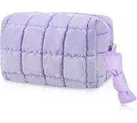 Gosect Quilted Cute Makeup Bag, Checkered Cosmetic Bags with Divider, Waterproof Travel Toiletry Bag, Puffy Make up Pouch for Women Travel Essentials, Bow-Purple, M, Bow