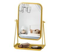 Gosider Dressing Table Makeup Mirror with Stand Rectangular Gold Metal Framed Table Desk Mirror with Storage Portable 360 Degree Swivel Tabletop Mirror for Travel Office Dorm Bedroom Bathroom