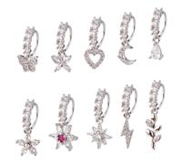 Gosknor 10 Pcs Dangle Nose Stud Rings Hoops, Copper Dainty Star Moon Heart Leaf Flower Dangle Butterfly Septum Hoop Piercing Jewelry for Women Fashion Accessories(Silver)