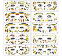 Gosknor 10 Sheets Rainbow Face Tattoo Stickers, Gay Pride Temporary Tattoos for LGBT Waterproof Colorful Heart Star Fake Stickers for Pride Parades Festivals & Party Makeup