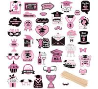 Gosknor 40 Pcs Graduation Photo Booth Props, Pink and Black Bachelor's Hat Trophy Flowers Picture Grad Props for Class of 2025 Graduation Party Photography Supplies