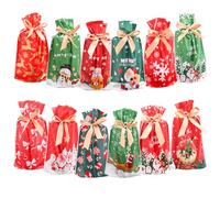 Gosknor 48pcs Christmas Drawstring Bags, 12 Designs Santa Reindeer Snowflake Gift Bags, 15x23cm/5.9x9.1 inch, Plastic, Christmas Occasion