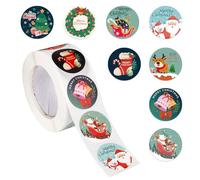 Gosknor 500pcs Christmas Stickers, Round Merry Christmas Envelope Tag Seals, 8 Designs, Self Adhesive, Xmas Circle Stickers, Label Roll for Cards, Gift Envelopes, Boxes, Decoration