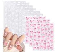 Gosknor 9 Sheet Bow Nail Stickers, Self-Adhesive 5D Embossed Nail Art Decals Cute Manicure DIY Decorations for Woman and Girl (Pink & White)