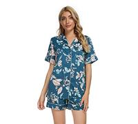 GOSO Ladies Pyjamas Set Silk Satin Pyjamas Women Button Down Ladies Satin Short Sleeves Pyjamas Sleepwear Lady Nightwear Soft Lounge Sets Blue Floral