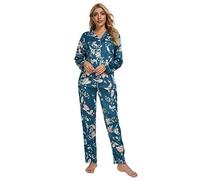 GOSO Ladies Pyjamas Set- Women Pyjamas Button Down Pjs for Women Sets Blue Floral Long Sleeve Sleepwear Lady Nightwear Soft Lounge Sets for Ladies Pjs