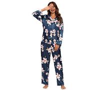 GOSO Women Pyjamas-Satin Pyjamas Ladies Button Down Silk Pjs Long Sleeve Top and Pants Sleepwear Lady Nightwear Soft Sets Blue